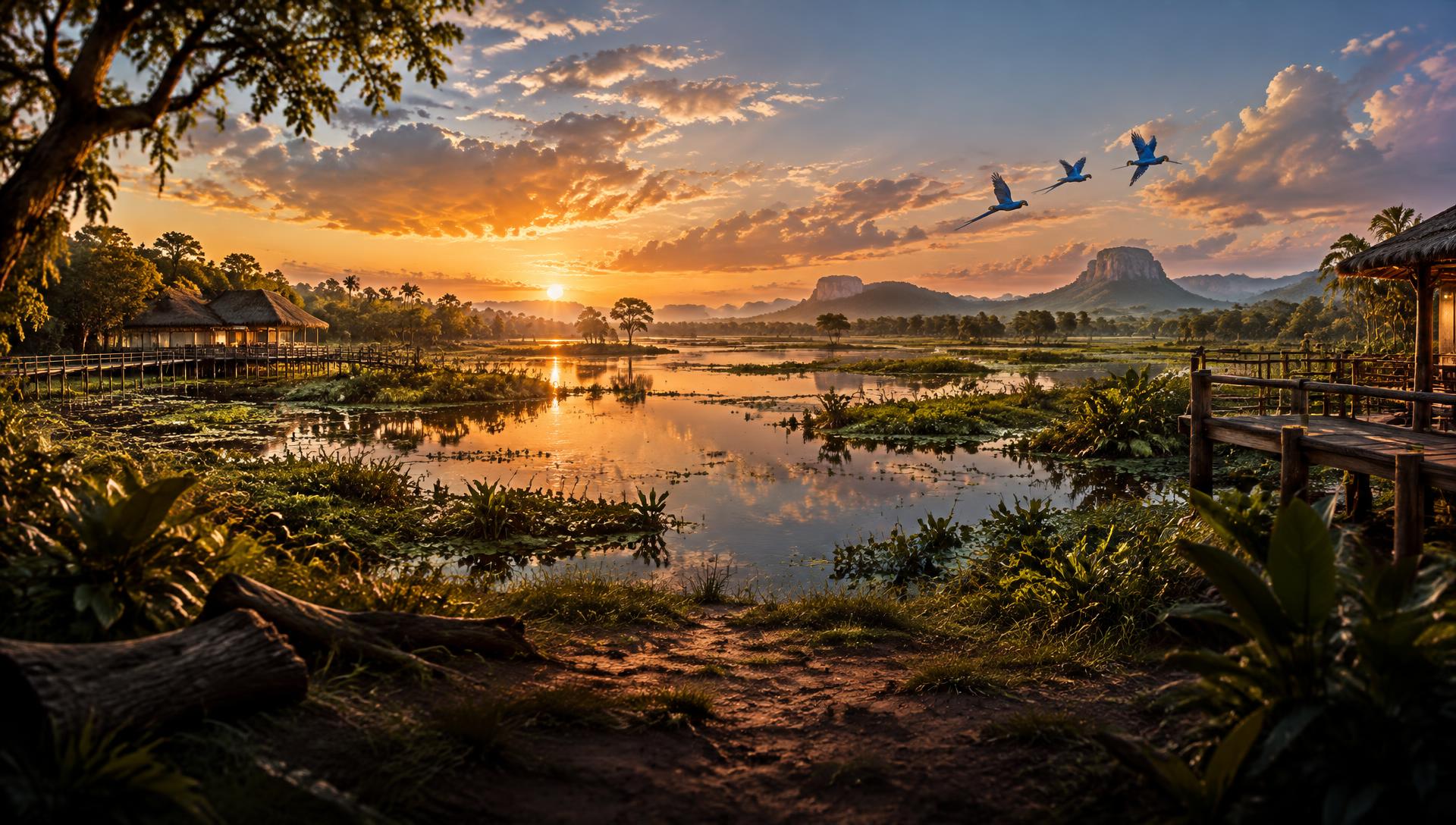 Paisagem do Pantanal ao pôr do sol